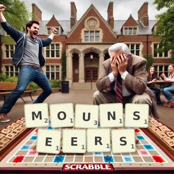 Creative illustration for a Scrabble game with the word MOUNSEERS spelled out in tiles on the board.
