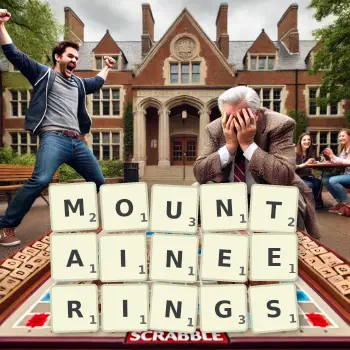 Creative illustration for a Scrabble game with the word MOUNTAINEERINGS spelled out in tiles on the board.