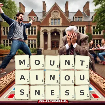 Creative illustration for a Scrabble game with the word MOUNTAINOUSNESS spelled out in tiles on the board.