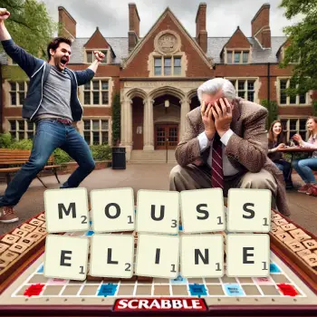 Creative illustration for a Scrabble game with the word MOUSSELINE spelled out in tiles on the board.