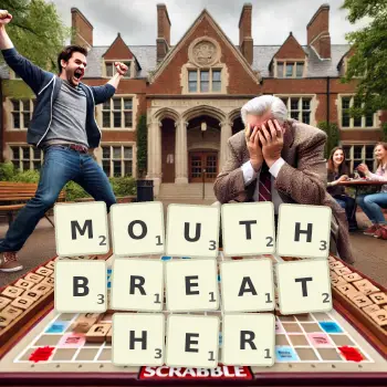 Creative illustration for a Scrabble game with the word MOUTHBREATHER spelled out in tiles on the board.