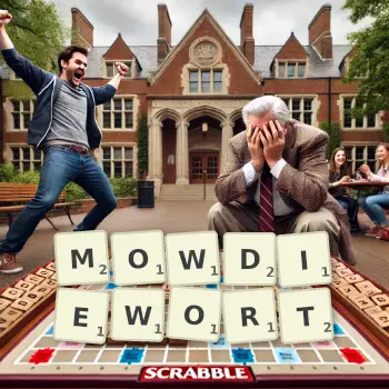 Creative illustration for a Scrabble game with the word MOWDIEWORT spelled out in tiles on the board.
