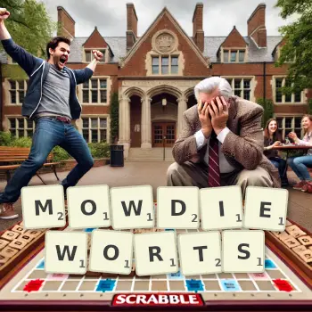 Creative illustration for a Scrabble game with the word MOWDIEWORTS spelled out in tiles on the board.