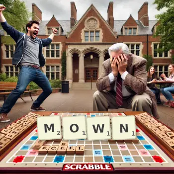 Creative illustration for a Scrabble game with the word MOWN spelled out in tiles on the board.