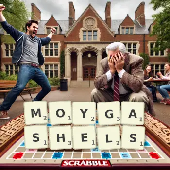 Creative illustration for a Scrabble game with the word MOYGASHELS spelled out in tiles on the board.