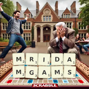 Creative illustration for a Scrabble game with the word MRIDAMGAMS spelled out in tiles on the board.
