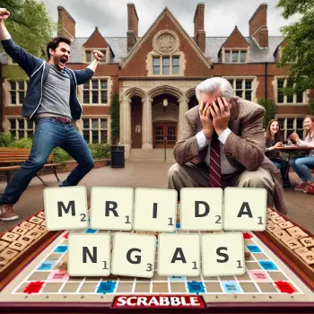 Creative illustration for a Scrabble game with the word MRIDANGAS spelled out in tiles on the board.