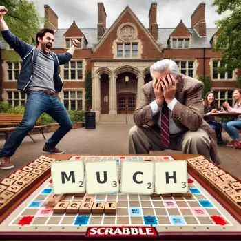Creative illustration for a Scrabble game with the word MUCH spelled out in tiles on the board.