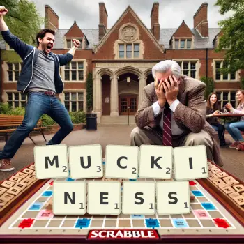 Creative illustration for a Scrabble game with the word MUCKINESS spelled out in tiles on the board.