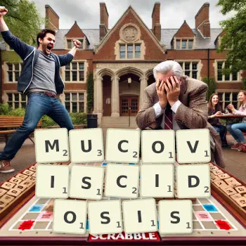 Creative illustration for a Scrabble game with the word MUCOVISCIDOSIS spelled out in tiles on the board.