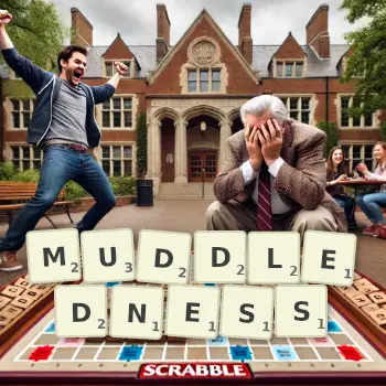 Creative illustration for a Scrabble game with the word MUDDLEDNESS spelled out in tiles on the board.