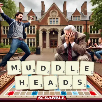 Creative illustration for a Scrabble game with the word MUDDLEHEADS spelled out in tiles on the board.