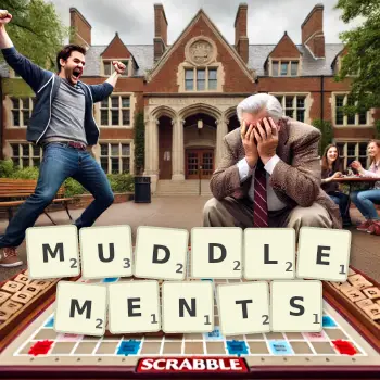 Creative illustration for a Scrabble game with the word MUDDLEMENTS spelled out in tiles on the board.