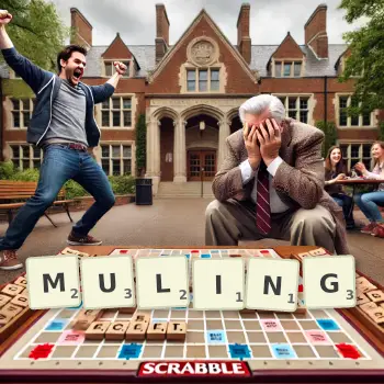 Creative illustration for a Scrabble game with the word MULING spelled out in tiles on the board.