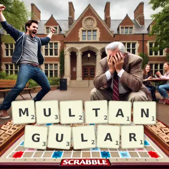 Creative illustration for a Scrabble game with the word MULTANGULAR spelled out in tiles on the board.