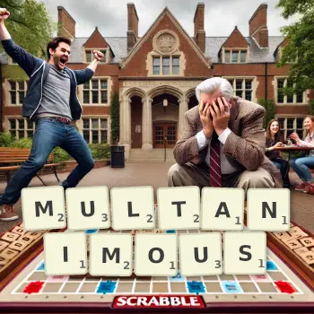 Creative illustration for a Scrabble game with the word MULTANIMOUS spelled out in tiles on the board.