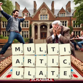 Creative illustration for a Scrabble game with the word MULTIARTICULATE spelled out in tiles on the board.