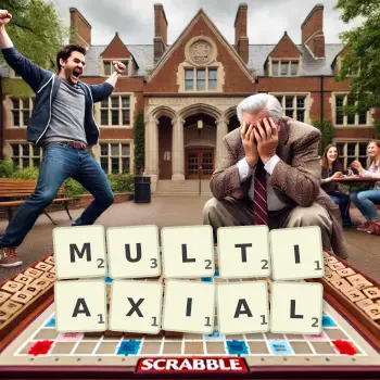 Creative illustration for a Scrabble game with the word MULTIAXIAL spelled out in tiles on the board.