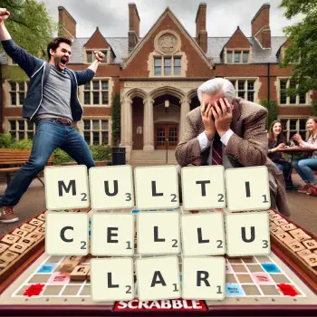 Creative illustration for a Scrabble game with the word MULTICELLULAR spelled out in tiles on the board.