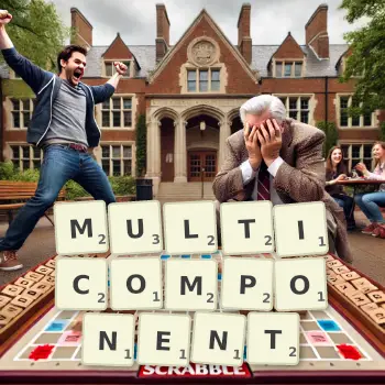 Creative illustration for a Scrabble game with the word MULTICOMPONENT spelled out in tiles on the board.