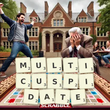 Creative illustration for a Scrabble game with the word MULTICUSPIDATE spelled out in tiles on the board.