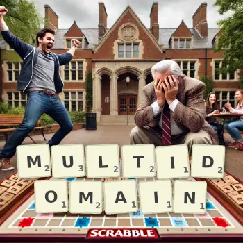 Creative illustration for a Scrabble game with the word MULTIDOMAIN spelled out in tiles on the board.