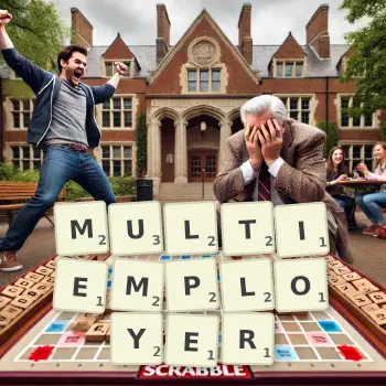 Creative illustration for a Scrabble game with the word MULTIEMPLOYER spelled out in tiles on the board.