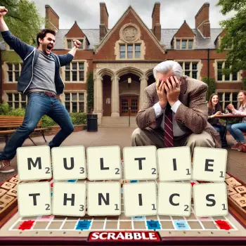 Creative illustration for a Scrabble game with the word MULTIETHNICS spelled out in tiles on the board.