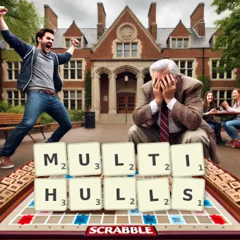 Creative illustration for a Scrabble game with the word MULTIHULLS spelled out in tiles on the board.