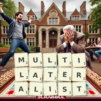 Creative illustration for a Scrabble game with the word MULTILATERALIST spelled out in tiles on the board.
