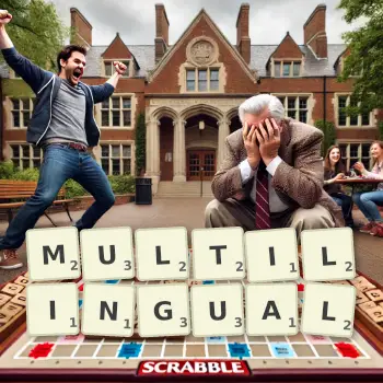 Creative illustration for a Scrabble game with the word MULTILINGUAL spelled out in tiles on the board.