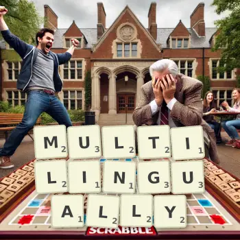 Creative illustration for a Scrabble game with the word MULTILINGUALLY spelled out in tiles on the board.