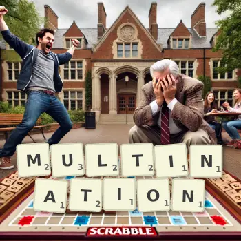 Creative illustration for a Scrabble game with the word MULTINATION spelled out in tiles on the board.