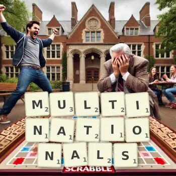 Creative illustration for a Scrabble game with the word MULTINATIONALS spelled out in tiles on the board.
