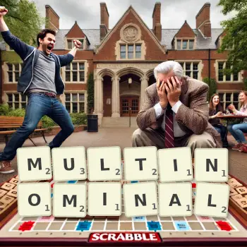 Creative illustration for a Scrabble game with the word MULTINOMINAL spelled out in tiles on the board.