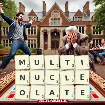 Creative illustration for a Scrabble game with the word MULTINUCLEOLATE spelled out in tiles on the board.