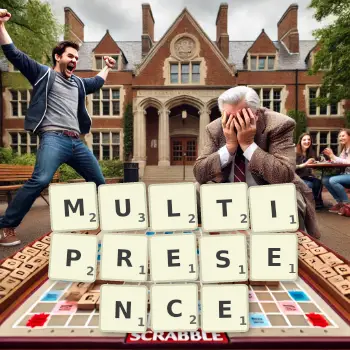 Creative illustration for a Scrabble game with the word MULTIPRESENCE spelled out in tiles on the board.