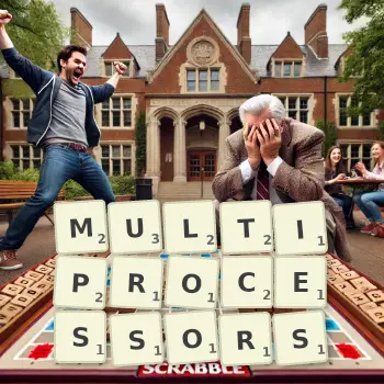 Creative illustration for a Scrabble game with the word MULTIPROCESSORS spelled out in tiles on the board.
