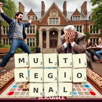 Creative illustration for a Scrabble game with the word MULTIREGIONAL spelled out in tiles on the board.