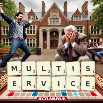 Creative illustration for a Scrabble game with the word MULTISERVICE spelled out in tiles on the board.