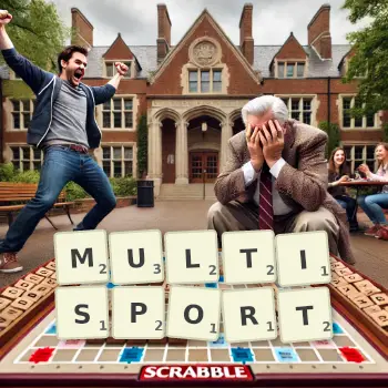 Creative illustration for a Scrabble game with the word MULTISPORT spelled out in tiles on the board.