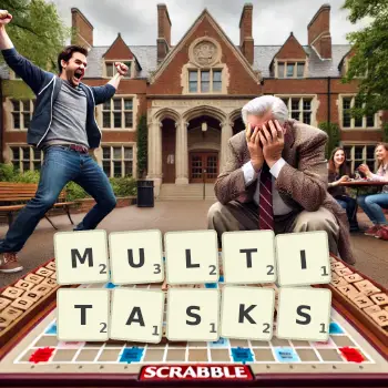 Creative illustration for a Scrabble game with the word MULTITASKS spelled out in tiles on the board.