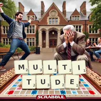 Creative illustration for a Scrabble game with the word MULTITUDE spelled out in tiles on the board.