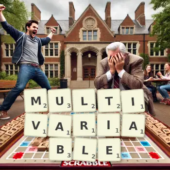 Creative illustration for a Scrabble game with the word MULTIVARIABLE spelled out in tiles on the board.