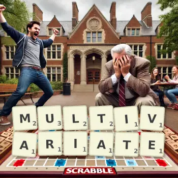 Creative illustration for a Scrabble game with the word MULTIVARIATE spelled out in tiles on the board.