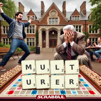 Creative illustration for a Scrabble game with the word MULTURER spelled out in tiles on the board.
