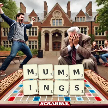 Creative illustration for a Scrabble game with the word MUMMINGS spelled out in tiles on the board.