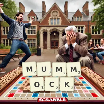 Creative illustration for a Scrabble game with the word MUMMOCK spelled out in tiles on the board.