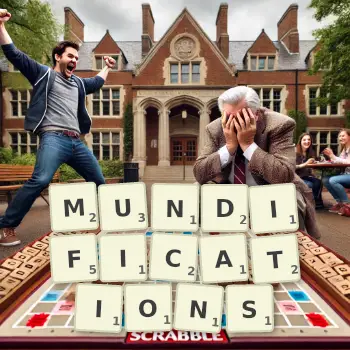 Creative illustration for a Scrabble game with the word MUNDIFICATIONS spelled out in tiles on the board.