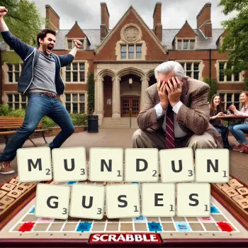 Creative illustration for a Scrabble game with the word MUNDUNGUSES spelled out in tiles on the board.